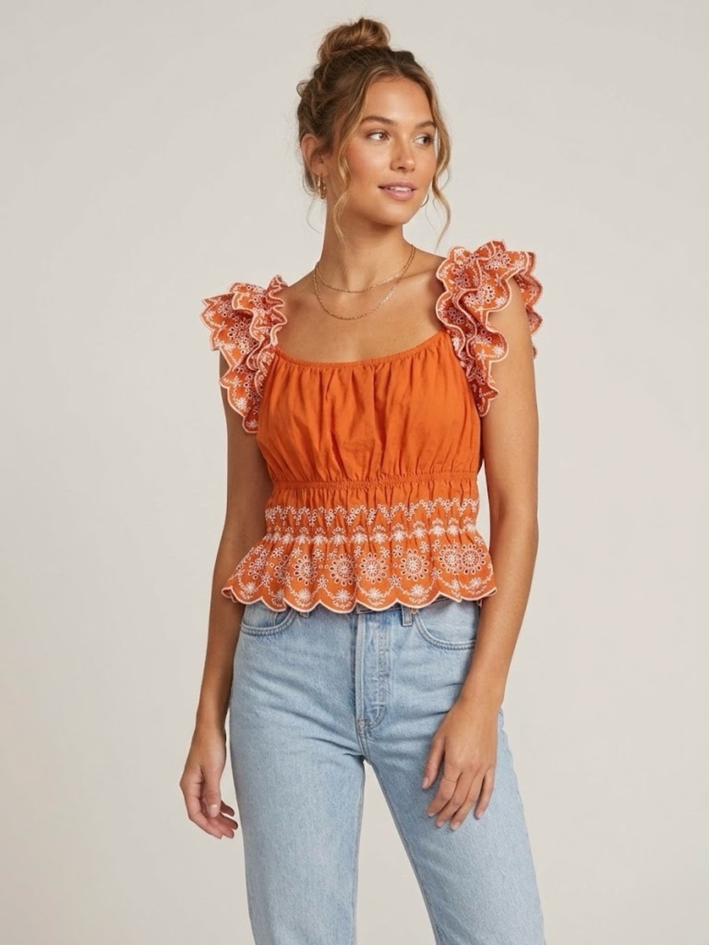 Blue Tassel Anthropologie Cotton Orange Eyelet Ruffle Sleeve Peplum Crop Top